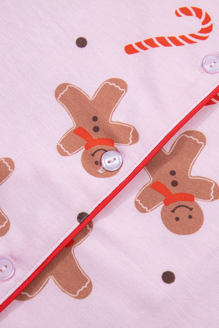 Pink Short Sleeve Placket Shell Button Elastic Waist Lounge Set