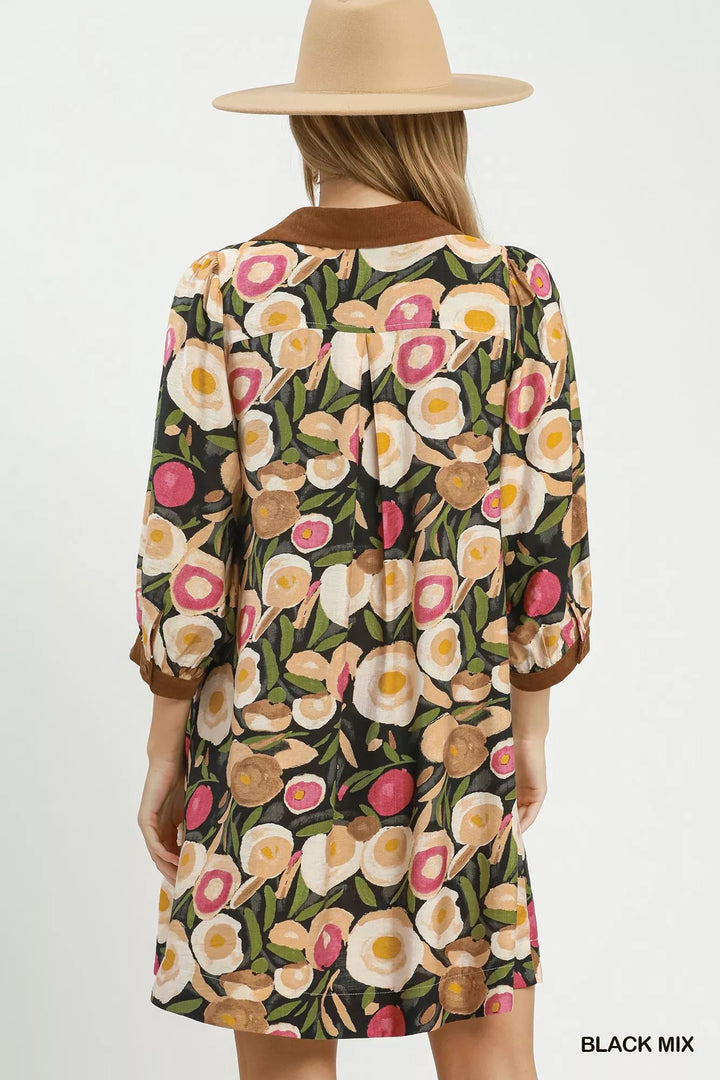 Umgee Mix Floral Contrast Trim Shift Mini Dress