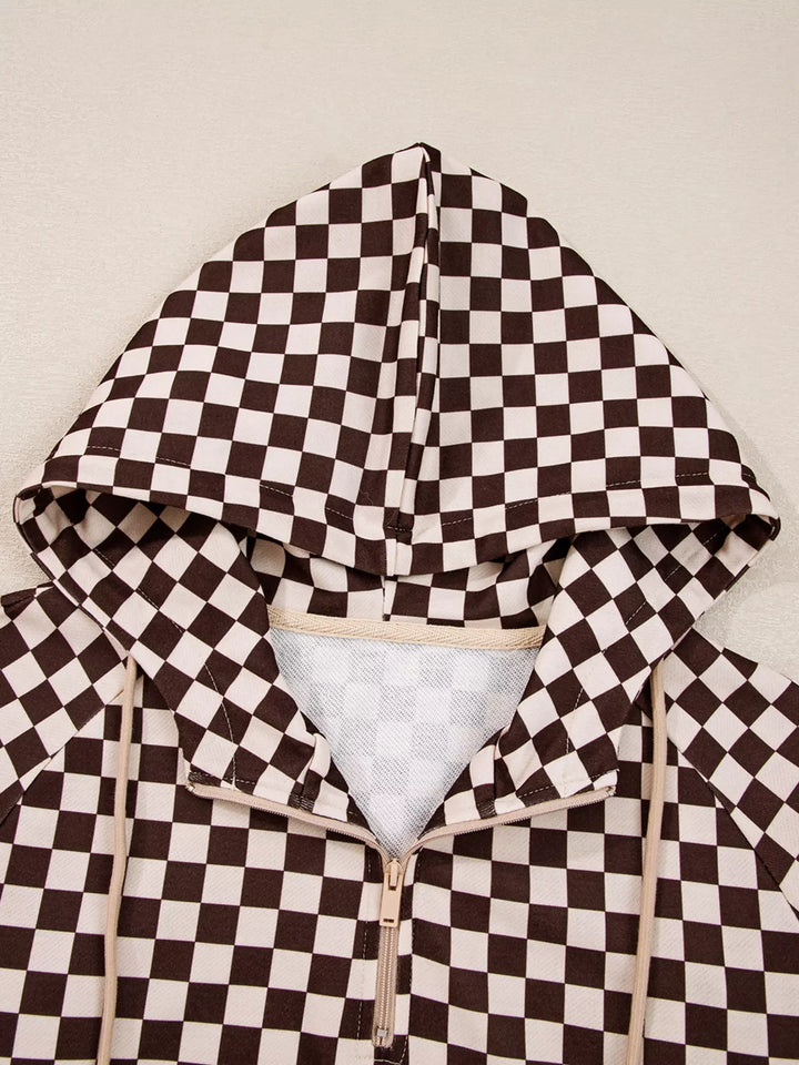 Checkered Drawstring Hoodie and Pants Set