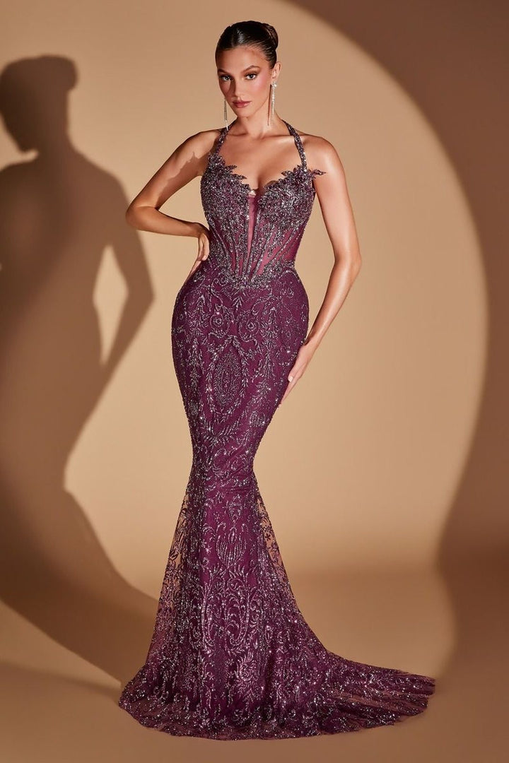 Ladivine CD695 Halter Neck Crystal Sequin Plunging Mermaid Dress