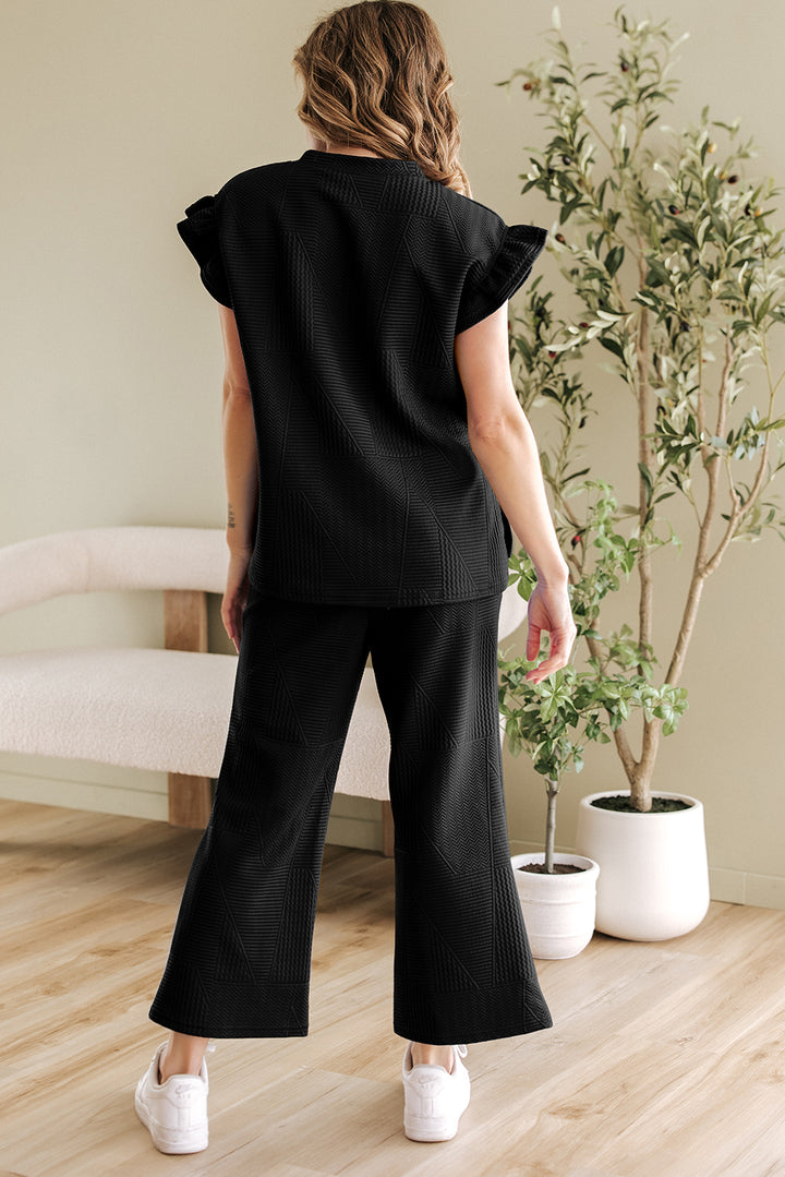 Black Ruffled Sleeve Summer Top and Cropped Loose Pants Set