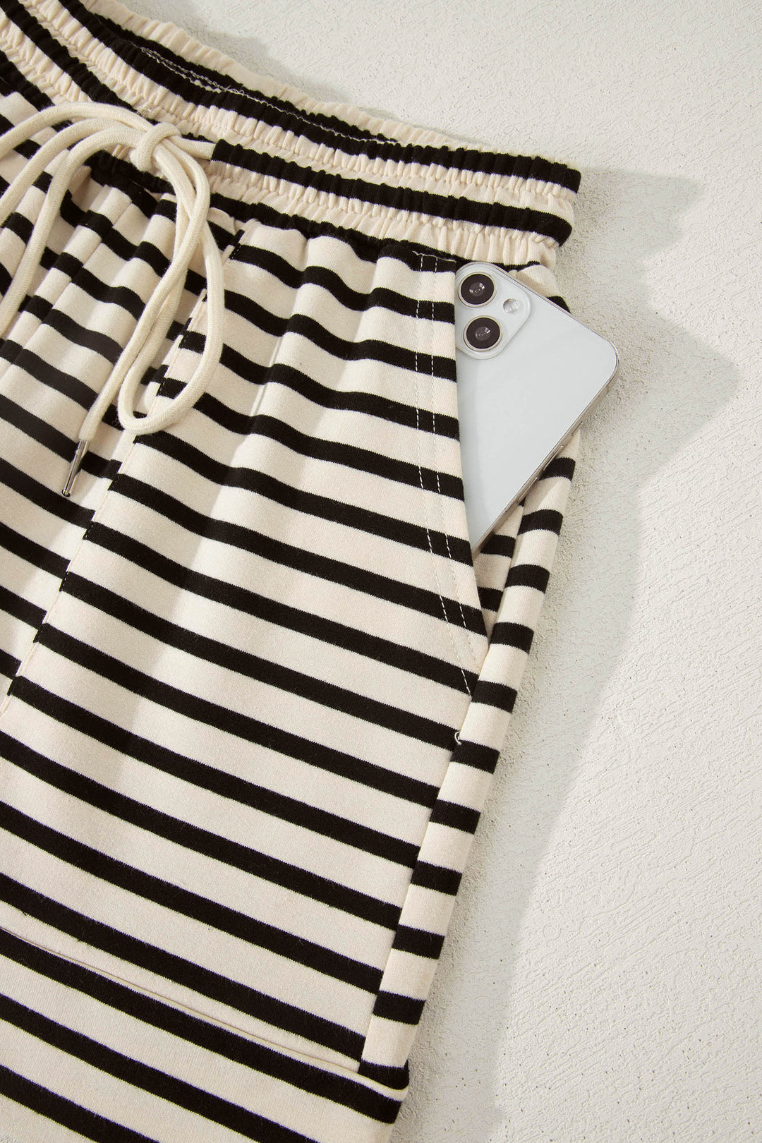 Black Stripe Ribbed Color Block Trim Zip Polo Tee Drawstring Shorts 2pcs Outfit
