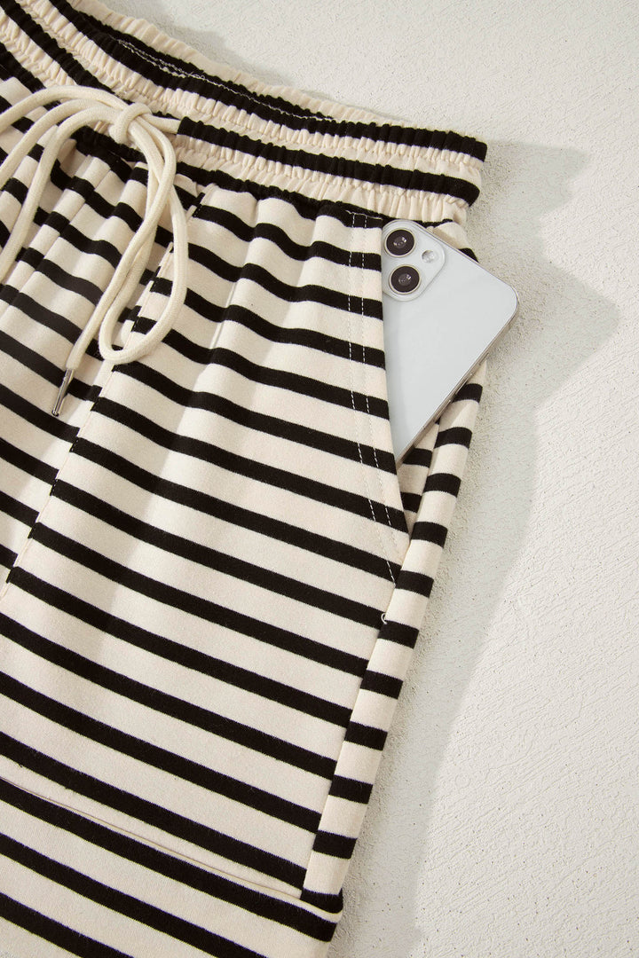 Black Stripe Ribbed Color Block Trim Zip Polo Tee Drawstring Shorts 2pcs Outfit