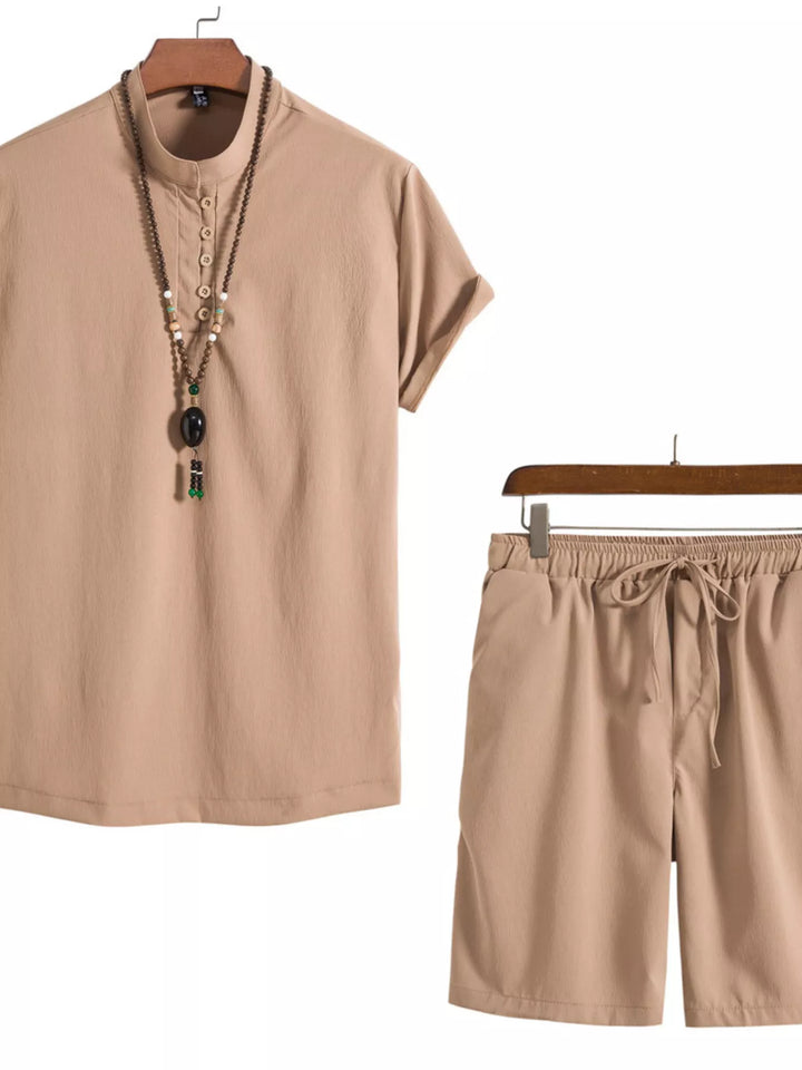 Men's Plus Size Casual Mandarin Collar Short Sleeve Shirt and Shorts Set