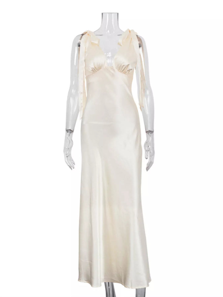 Satin Tie Shoulder Deep V-Neck Dress