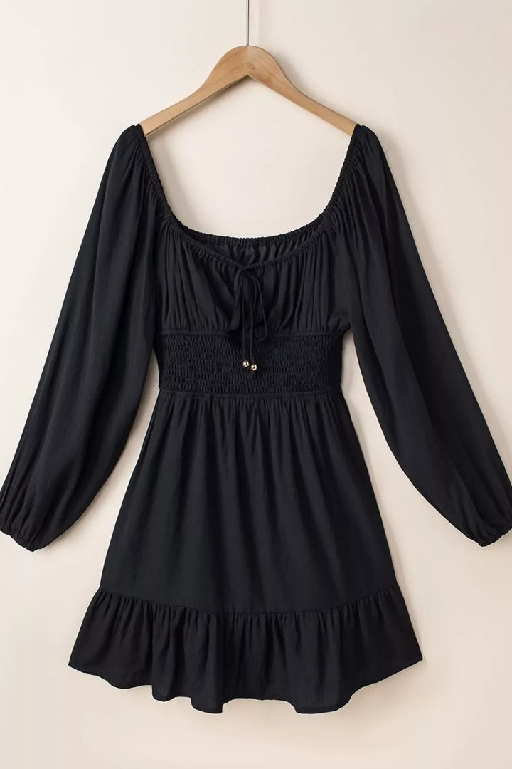 Solid Color Long Sleeve Shirred Drawstring Ruffle Mini Dress