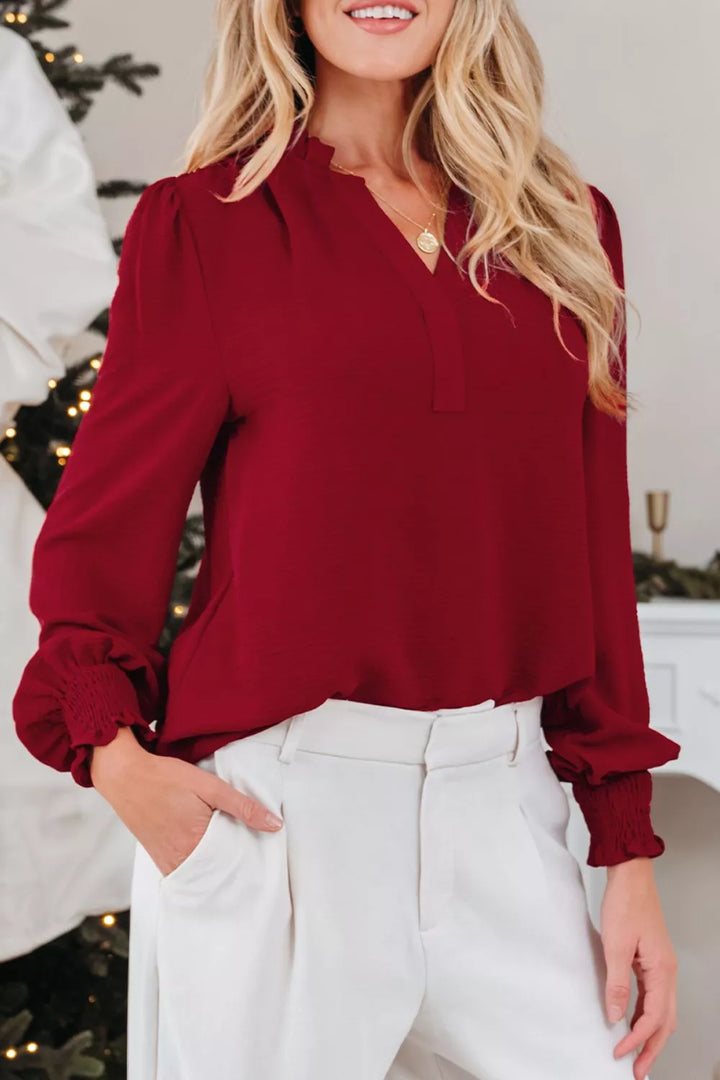 Notched Neck Shirred Cuff Long Sleeve Blouse