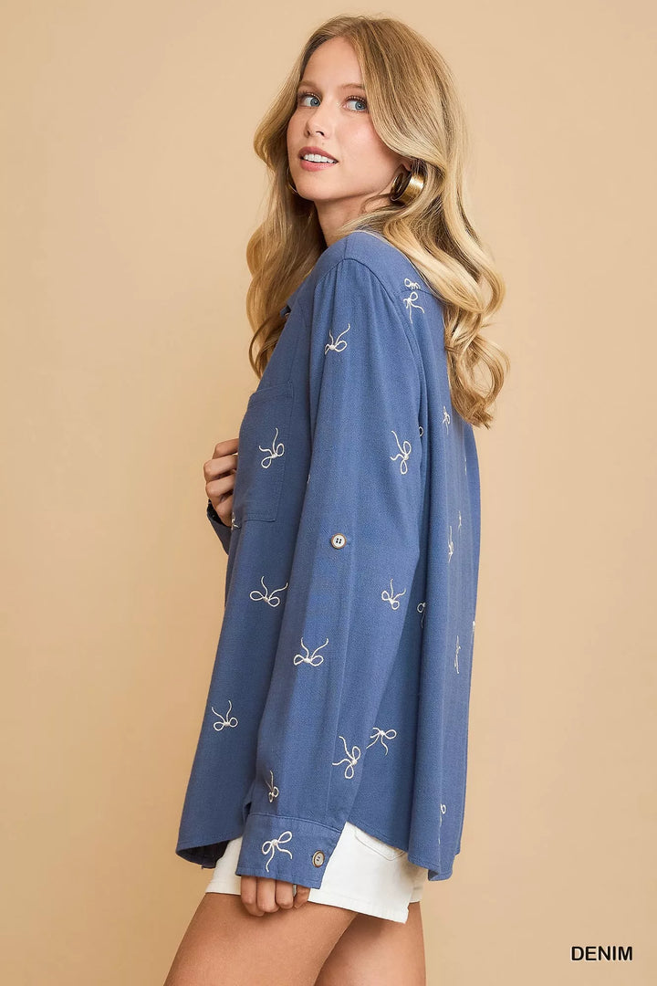 Umgee Linen Blend Fitted Shirt with Ribbon Embroidery Details