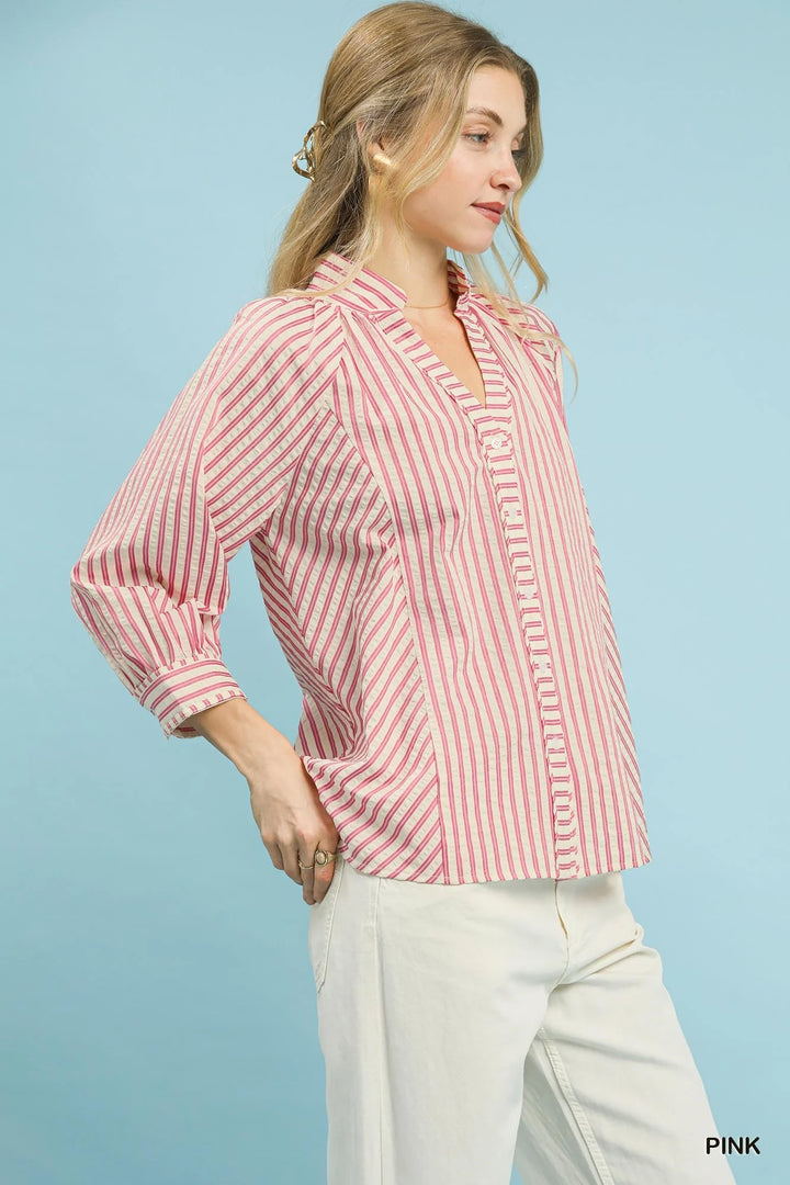 Umgee Striped V-Neck Button Down Top