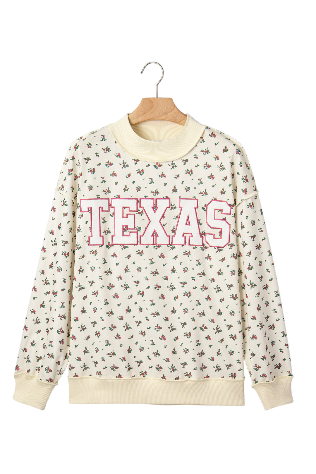 Beige Floral Print Stand Neck Long Sleeve Slogan Sweatshirt