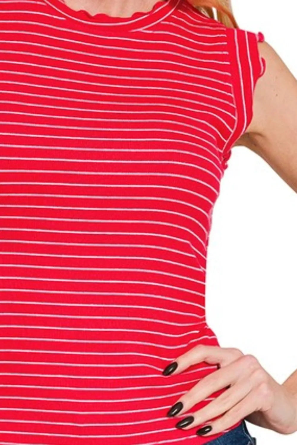 Zenana Ribbed Ruffle Trim Sleeveless Stripe Top