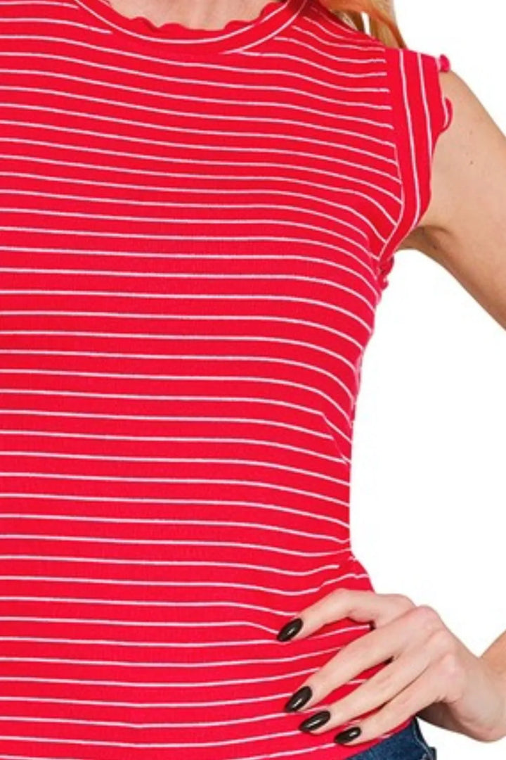 Zenana Ribbed Ruffle Trim Sleeveless Stripe Top