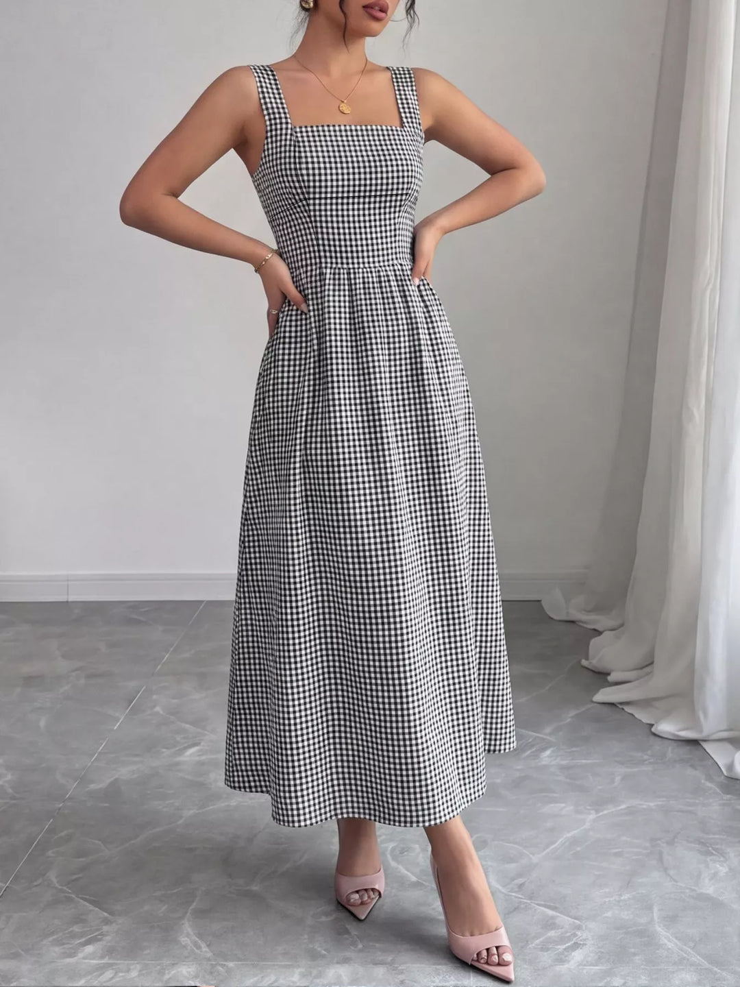 Square Neck Gingham Midi Dress