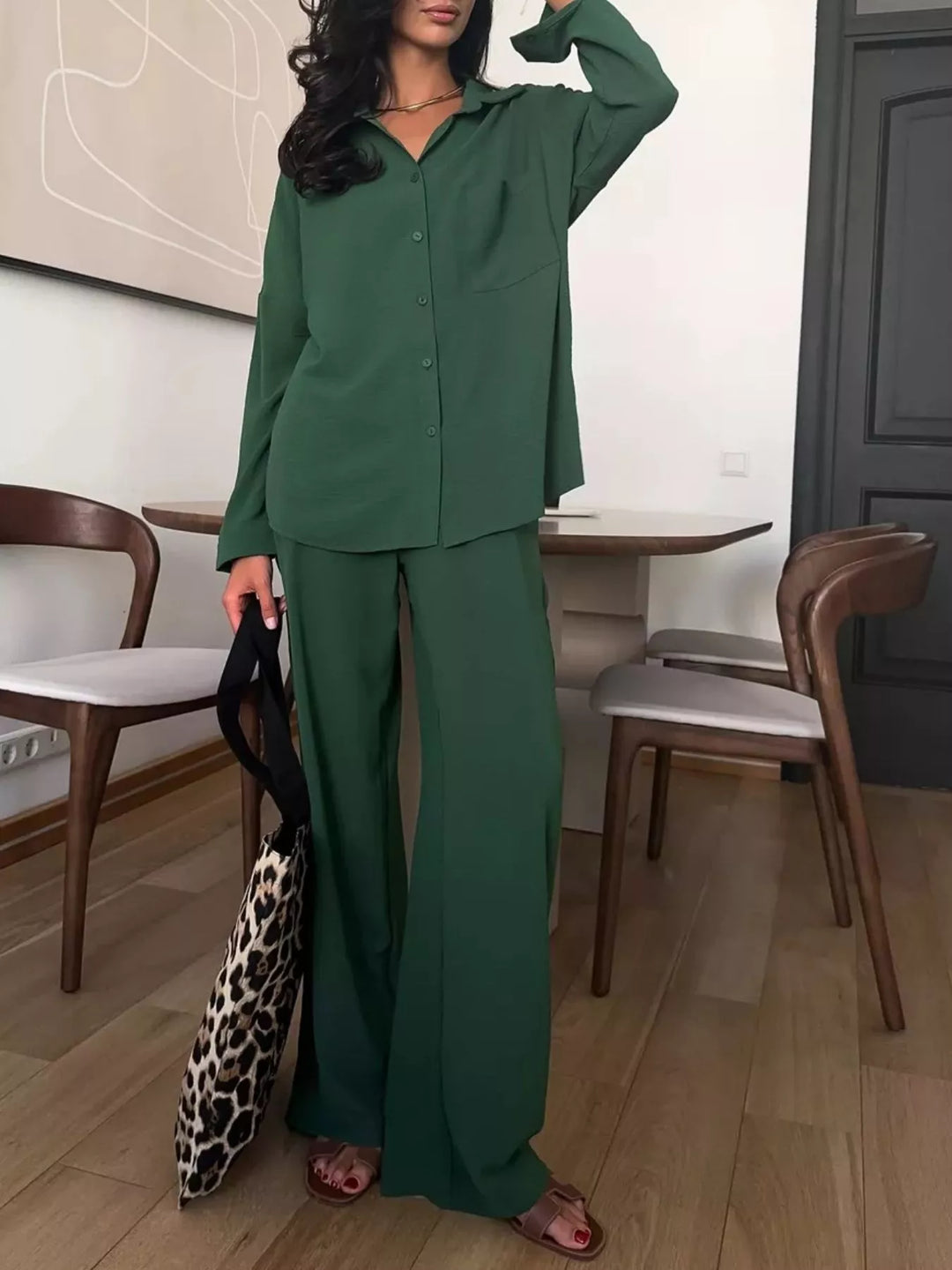 Button Up Long Sleeve Shirt and Pants Set
