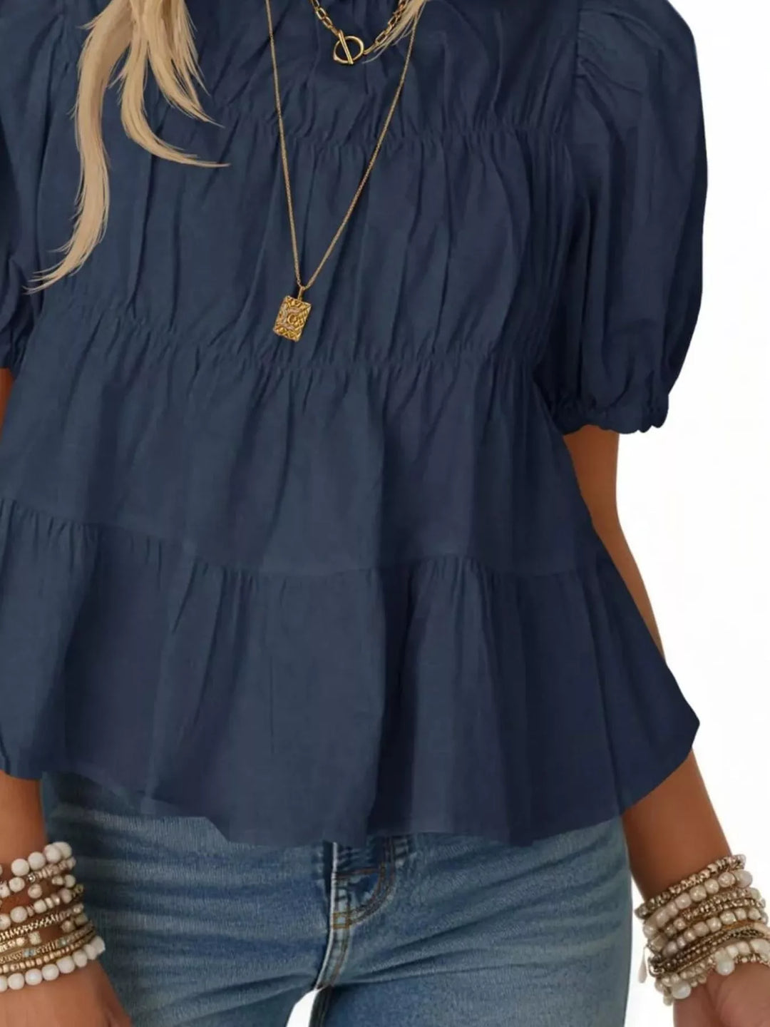 Ruched Tiered Puff Sleeve Blouse