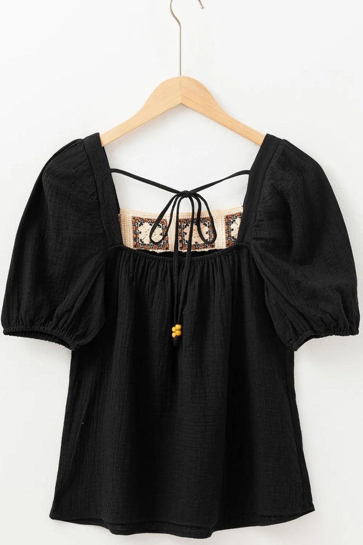 Flower Crochet Square Neck Puff Sleeve Blouse