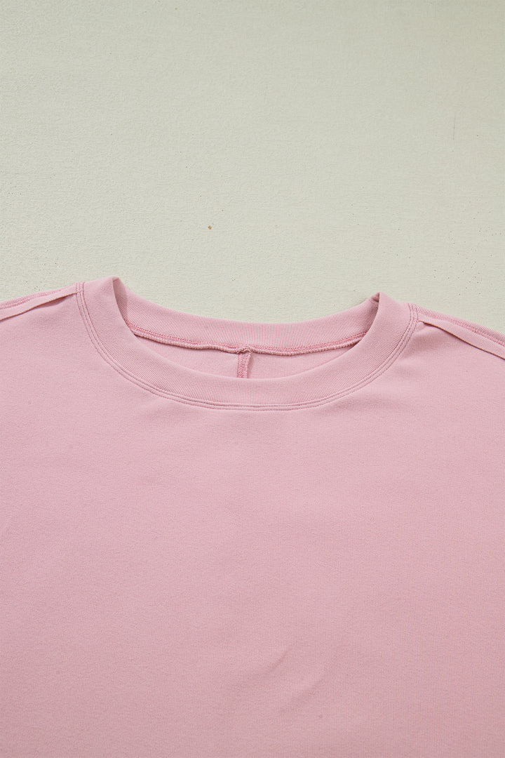Light Pink Solid Color Bow Textured Patchwork Long Sleeve Tee