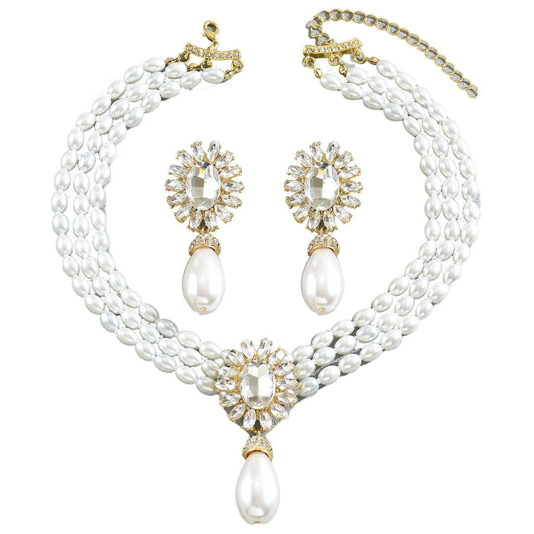 Geometric Light Luxury European American Women Jewelry Set, Niche Crystal Inlaid Multi-Layer Clavicle Chain Pearl Necklace & Matching Earrings