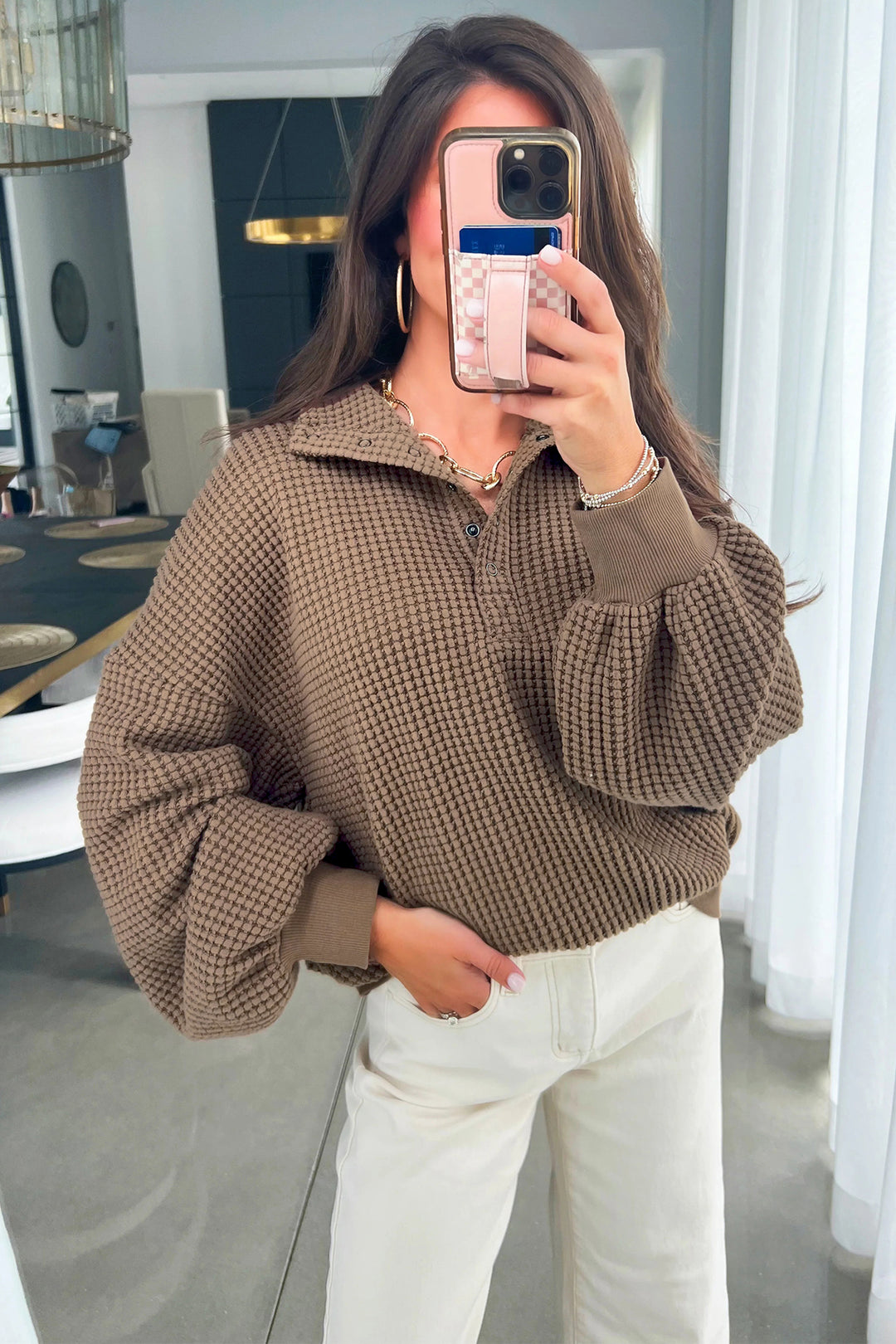 Casual Solid Color Textured Snap Button Collared Baggy Top