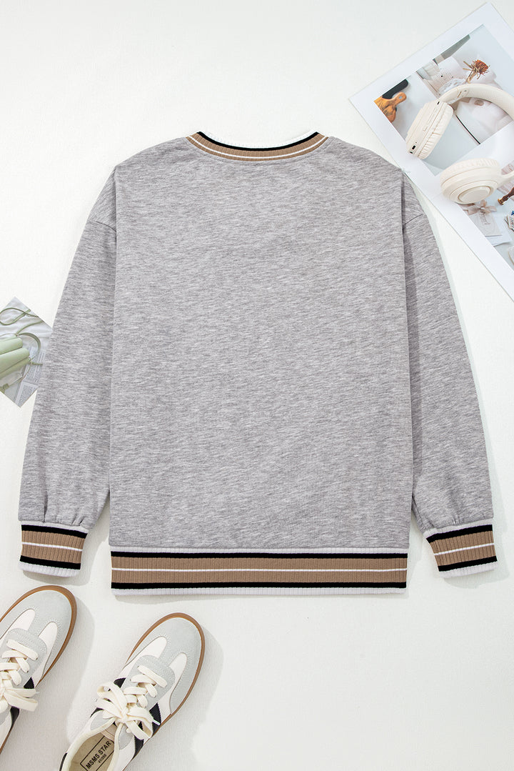 Gray Varsity Contrast Striped Trim V Neck Sweatshirt