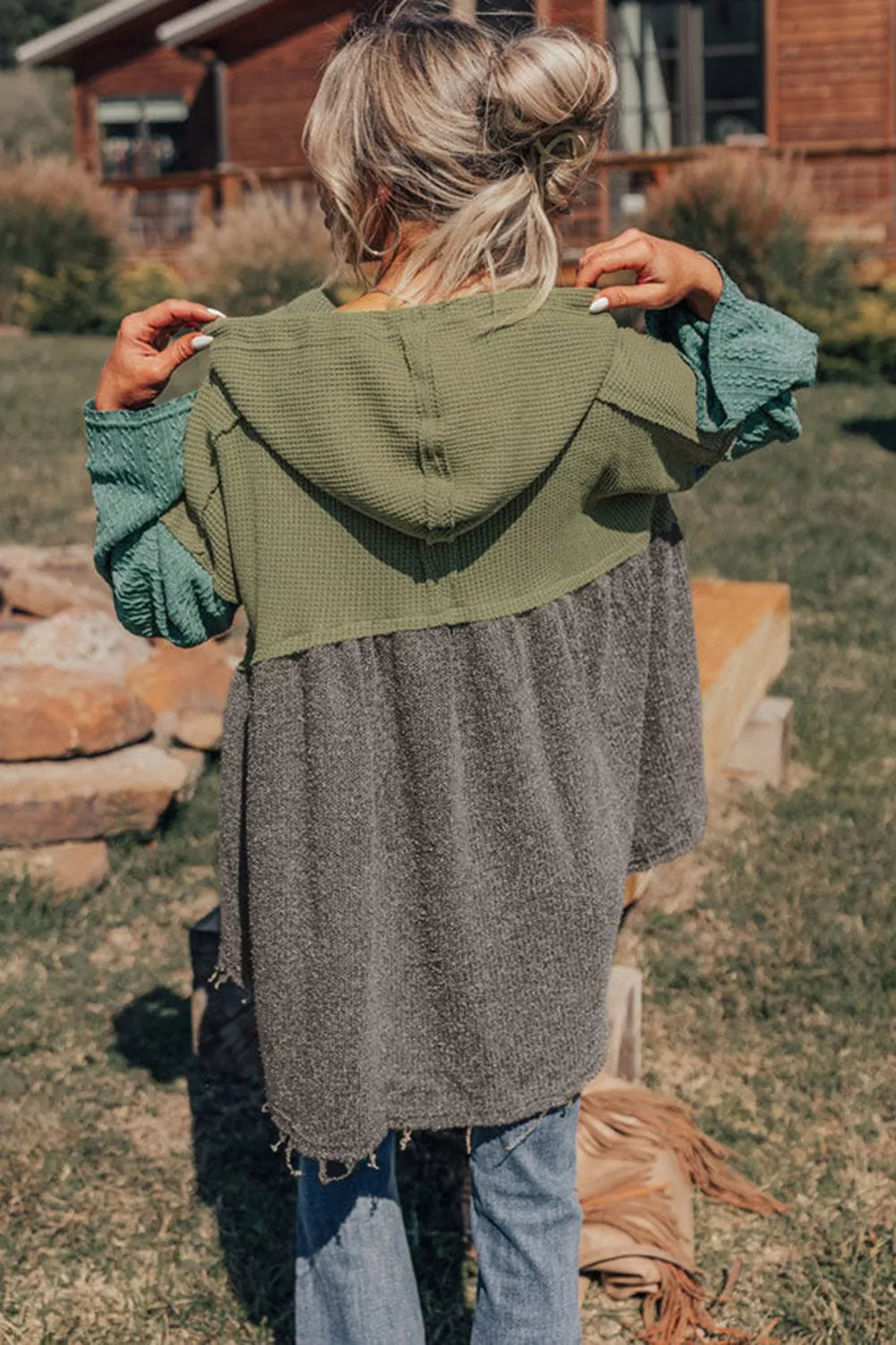 Color Block Waffle Knit Raw Hem Hoodie