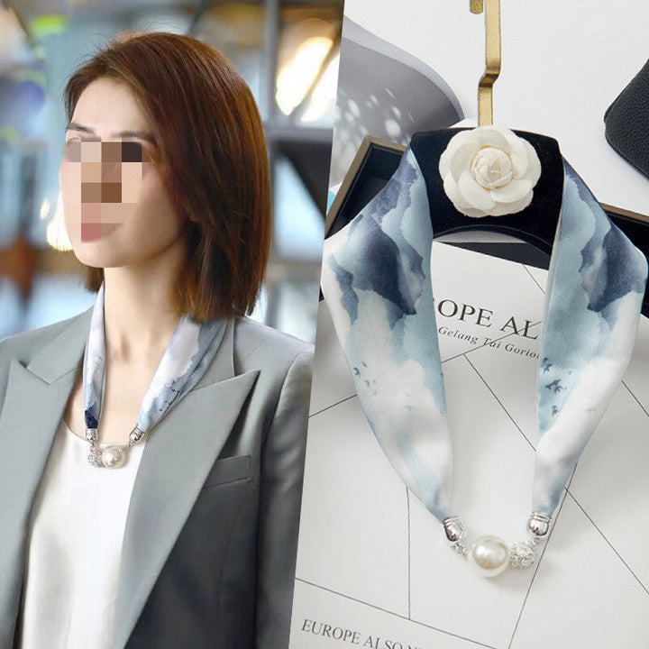 Magnetic Buckle Silk Women Scarf Pearl Necklace