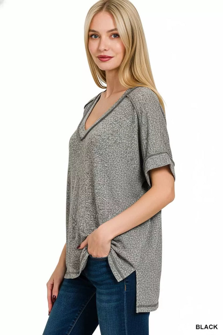Zenana Full Size Soft Melange Hacci V-Neck Short Sleeve Hi-low Tee Plus Size