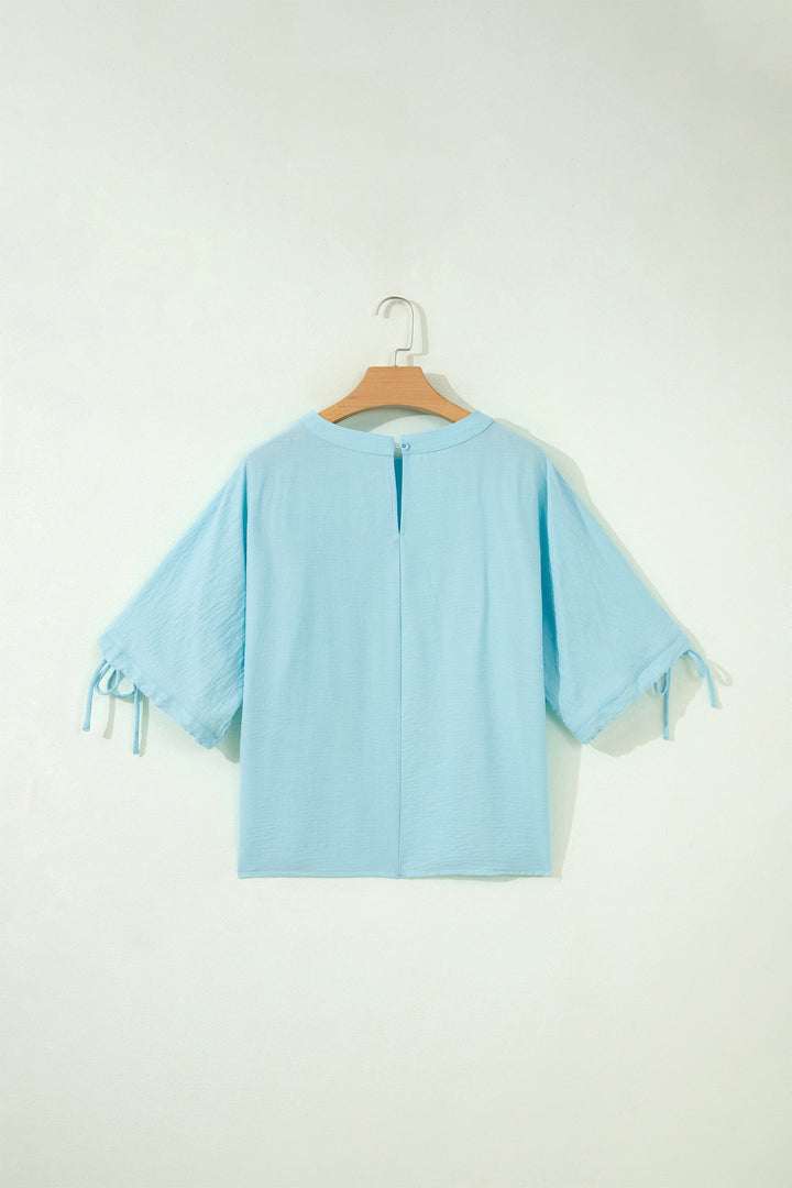 Mist Blue Tie Half Sleeve Pleated Detail Babydoll Blouse