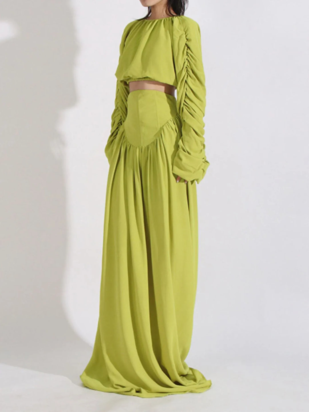 Ruched Long Sleeve Top and High Waist Skirt Set