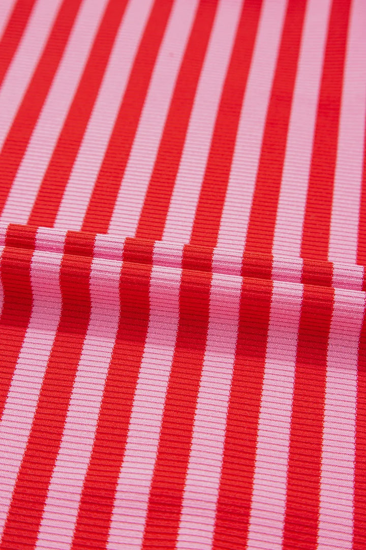 Stripe Ribbed Cap Sleeve Round Neck T Shirt