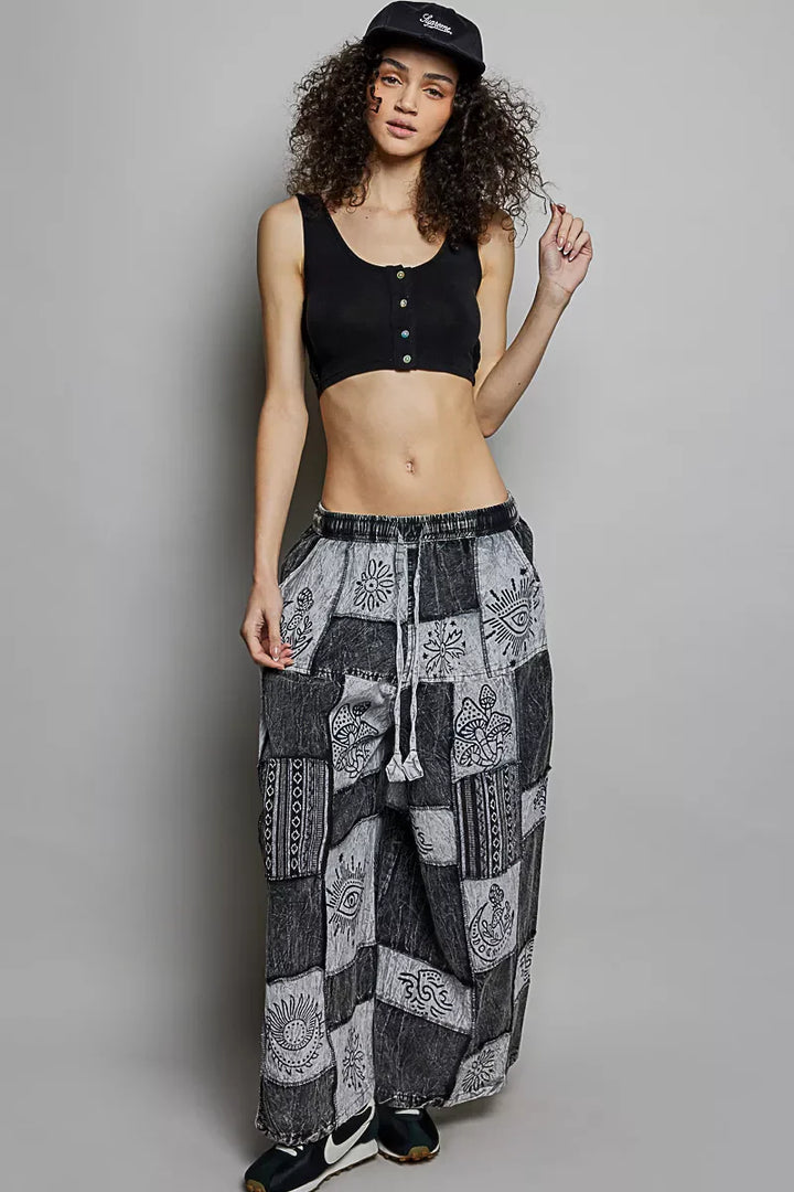 POL Drawstring Patchwork Wide Leg Pants