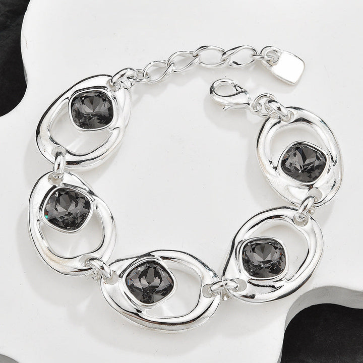 Hollow Geometric Black Crystal Jewelry Set For Women, Adjustable Bracelet Ring Earrings 3Pcs Matching Set, Minimal Cool Fashion Jewelry