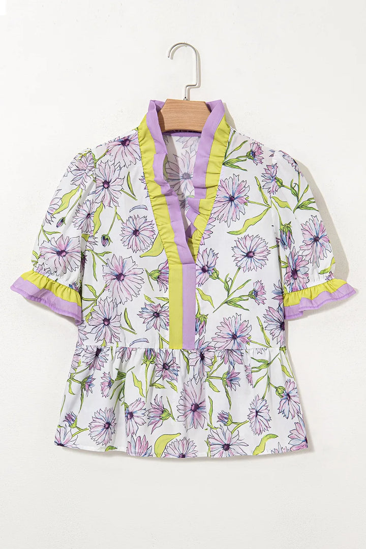 Floral Print Flounce Sleeve Peplum Blouse