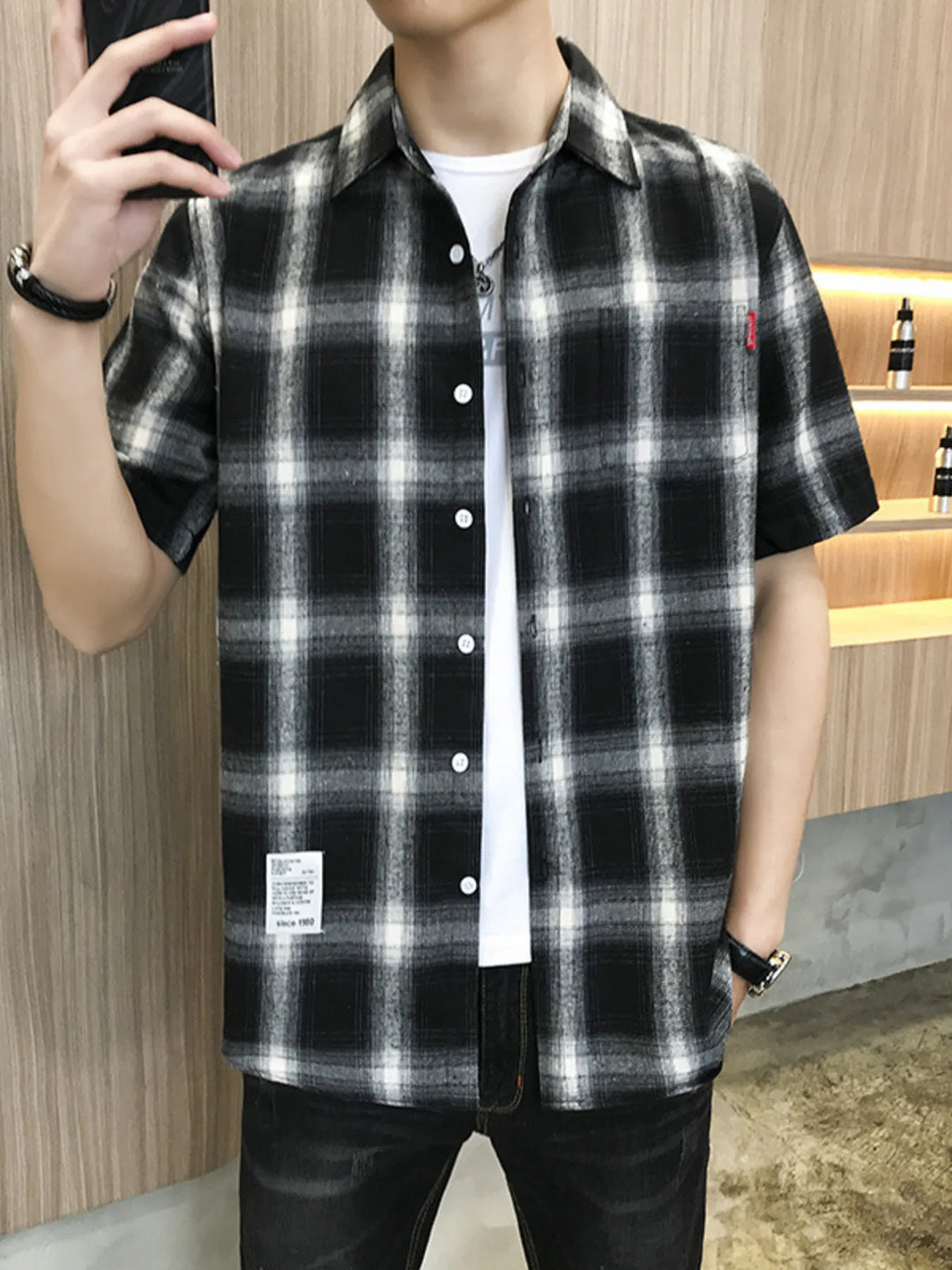 Men's Plus Size Plaid Button-Down Short Sleeve Shirt