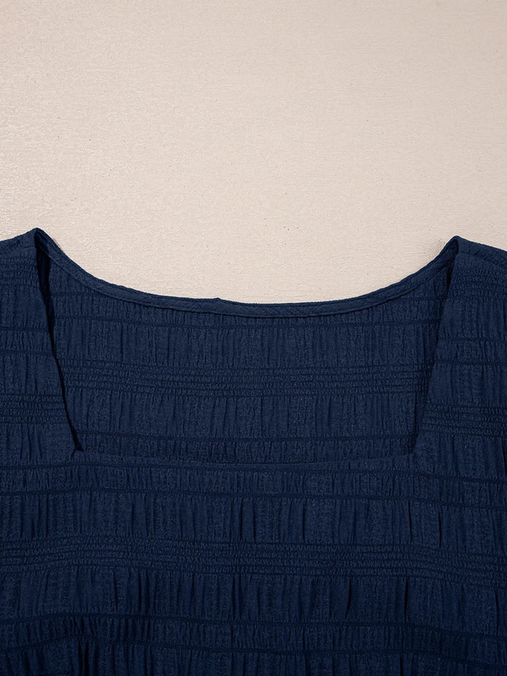 Textured Square Neck Top and Shirred High Waist Shorts Set