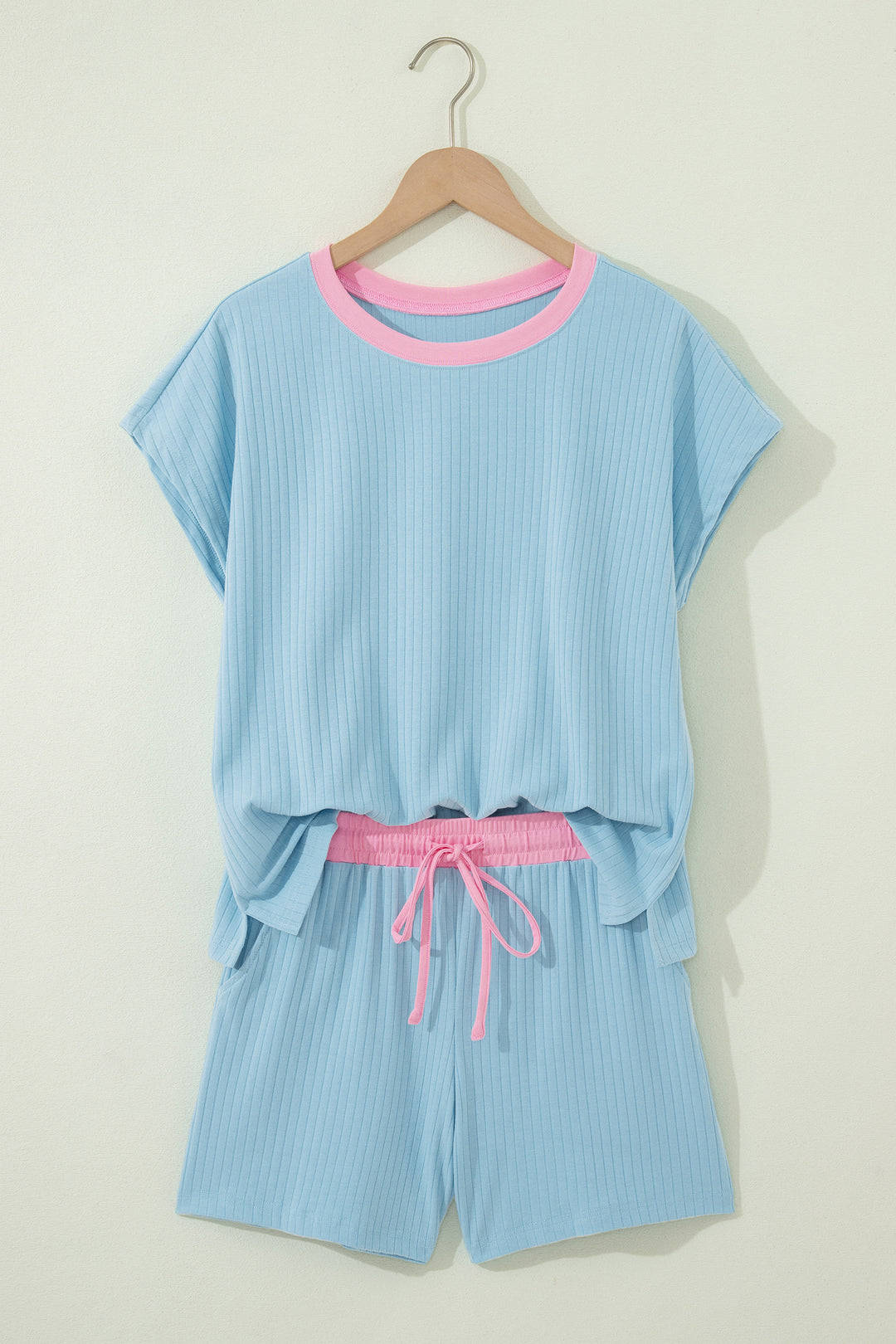 Clearly Aqua Soft Ribbed Color Block Trim Casual Short Set
