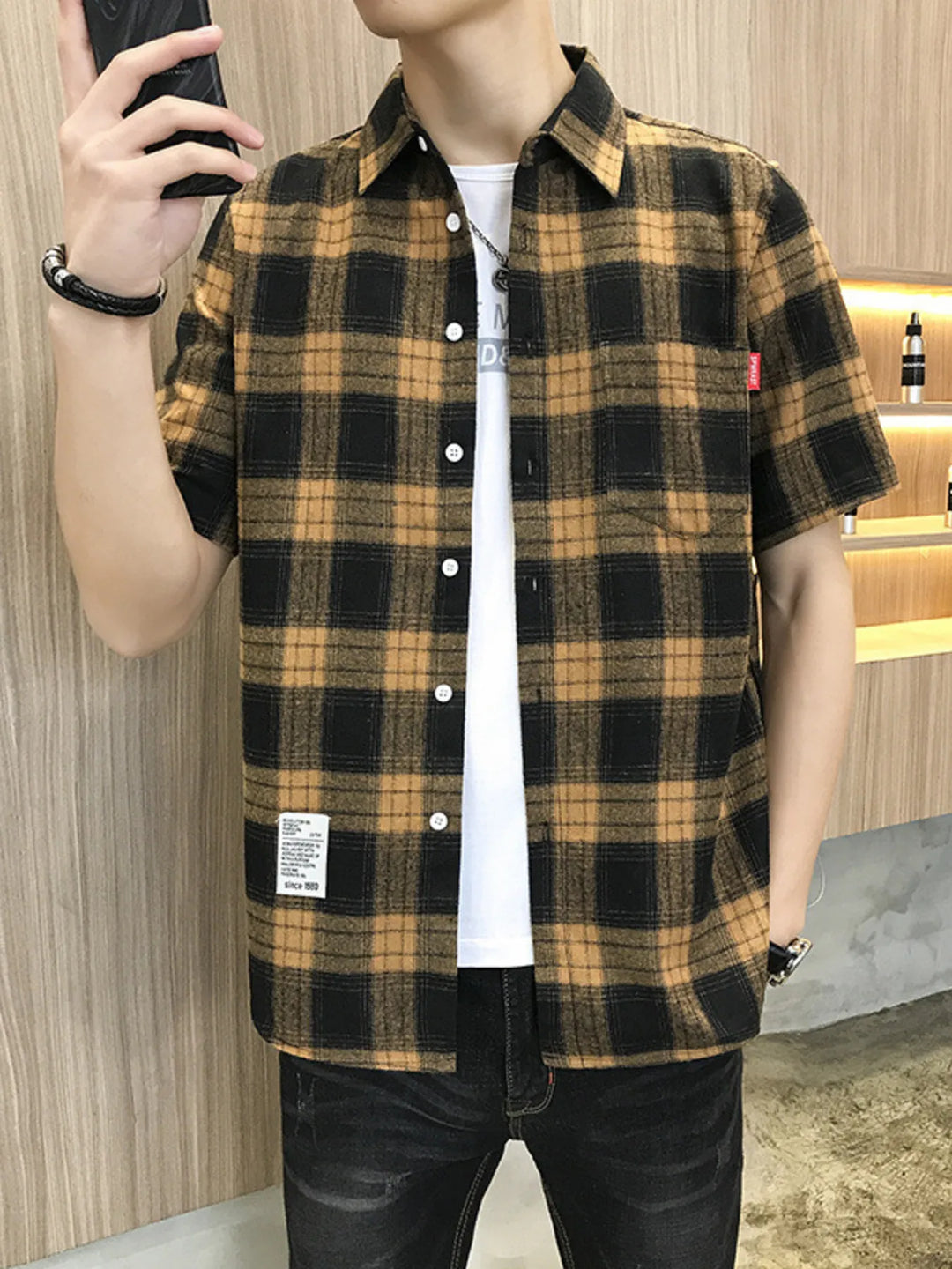 Men's Plus Size Plaid Button-Down Short Sleeve Shirt