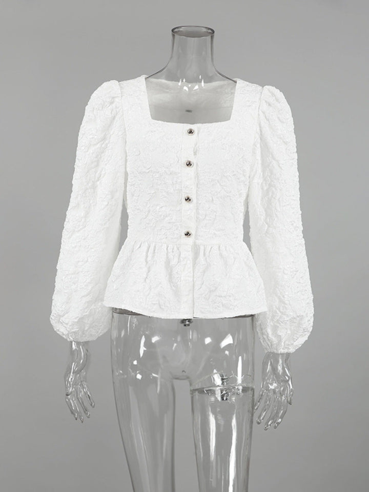 Textured Square Neck Balloon Sleeve Shirt
