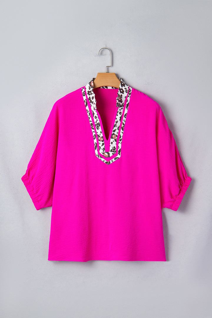 Rose Red Dolman Half Sleeve Leopard Patchwork Trim V Neck Blouse