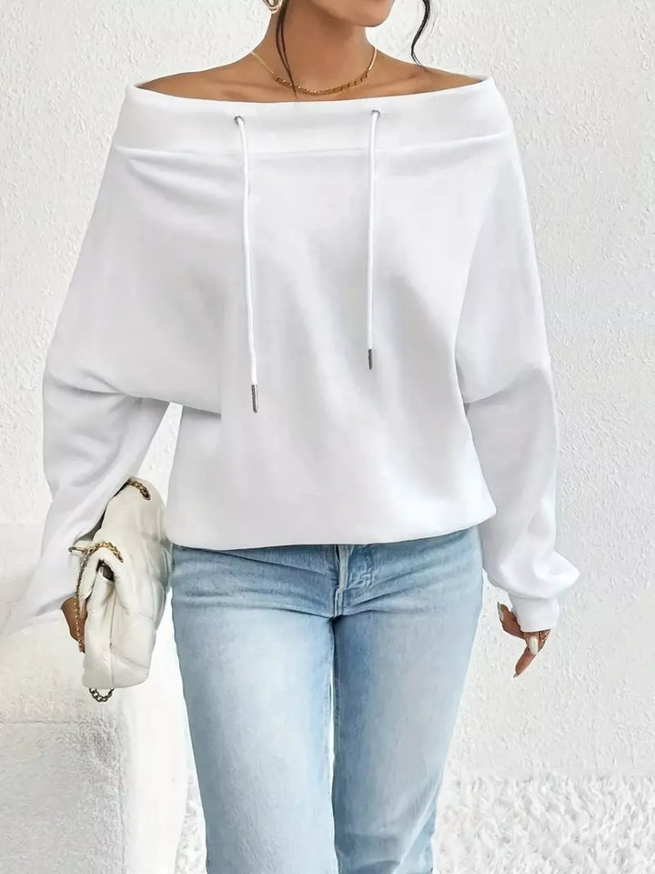 Off-Shoulder Drawstring Sweatshirt