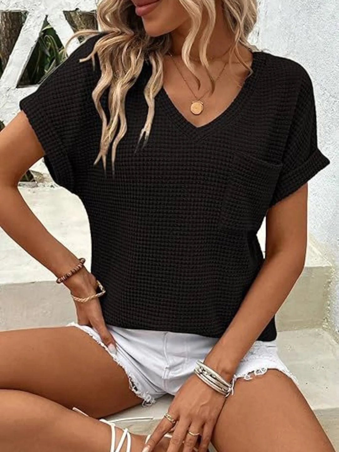 Waffle Knit V-Neck Casual T-Shirt