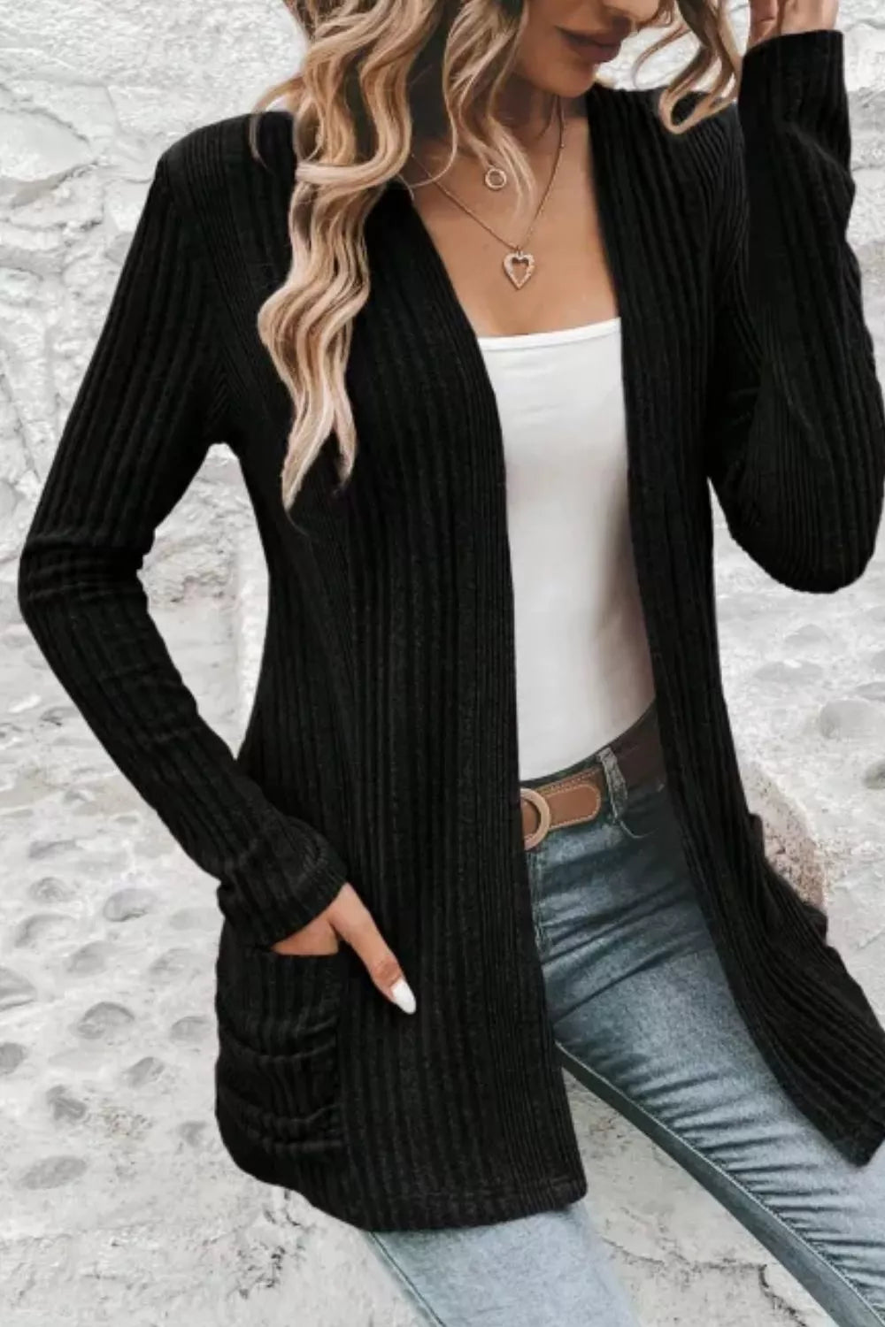 Ribbed Knit Open Front Cardigan with Pockets