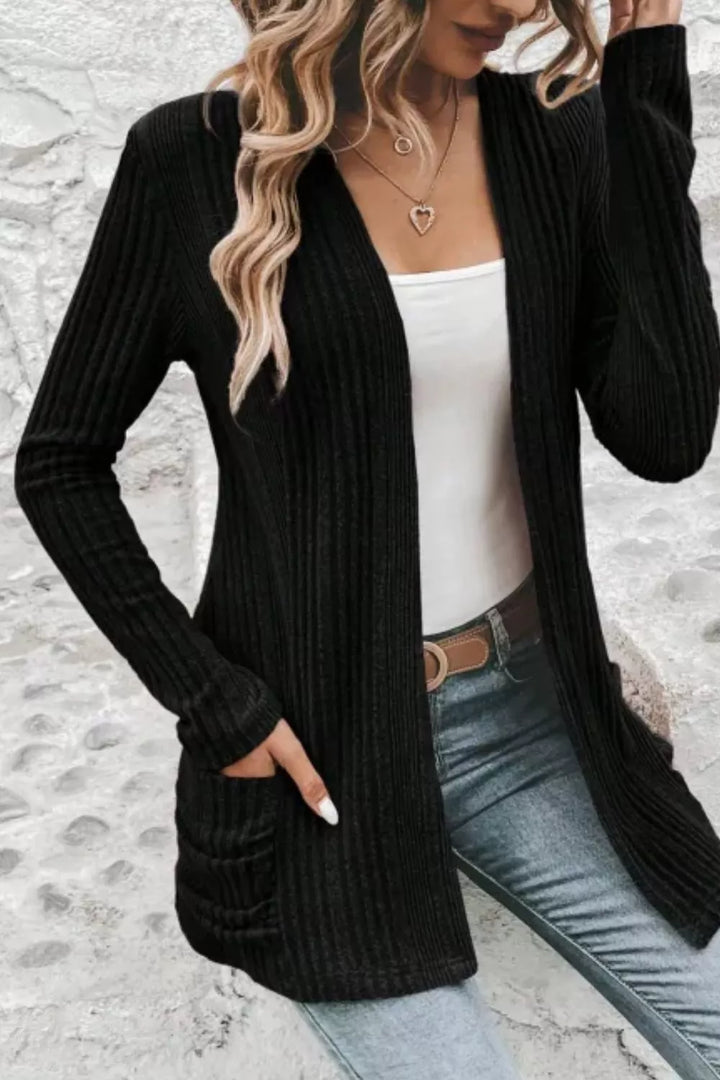 Ribbed Knit Open Front Cardigan with Pockets