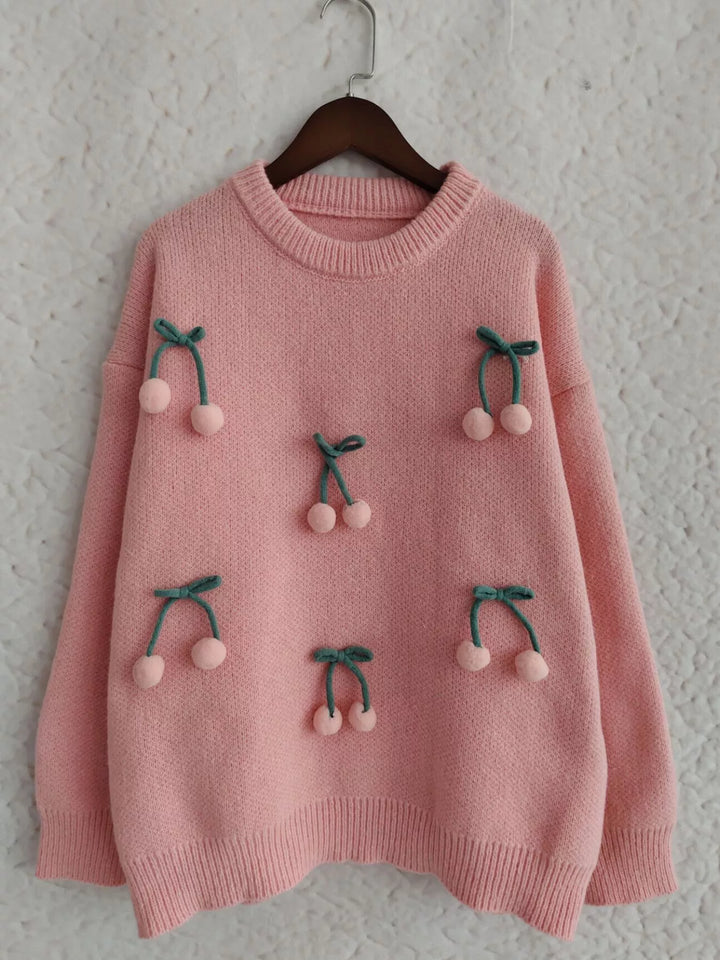 Cherry Pom-Pom Knit Round Neck Sweater