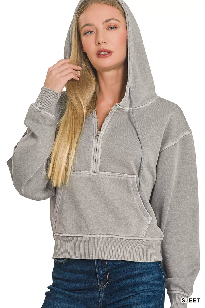 Zenana Fleece Pigment Dye Half Zip Kangaroo Pocket Hoodie