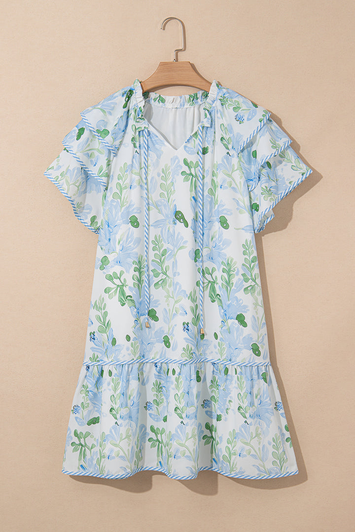 Mini-robe à manches courtes superposées et à bordures contrastées bleu ciel