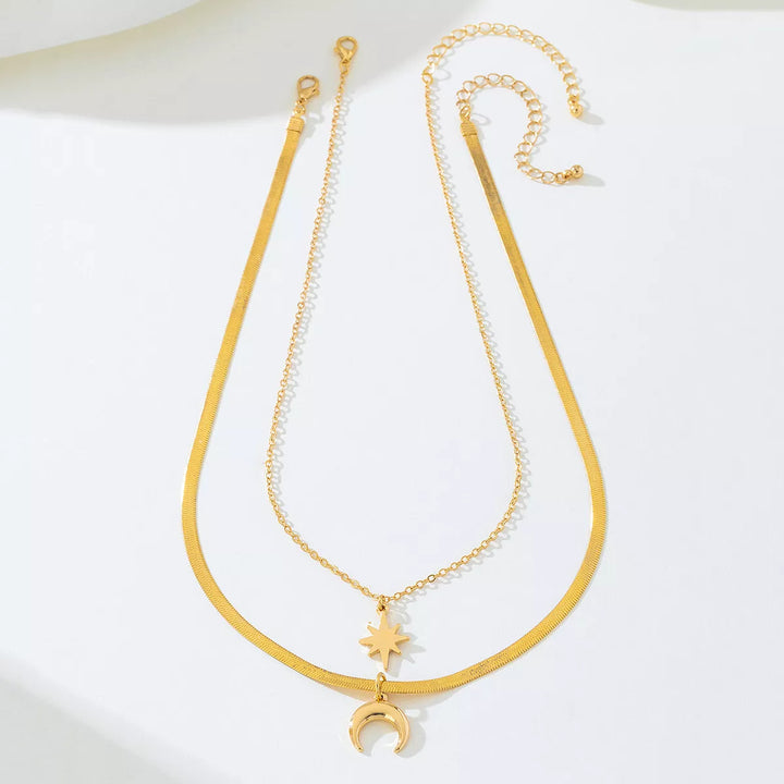 2 Piece 18K Gold-Plated Moon & Star Necklace