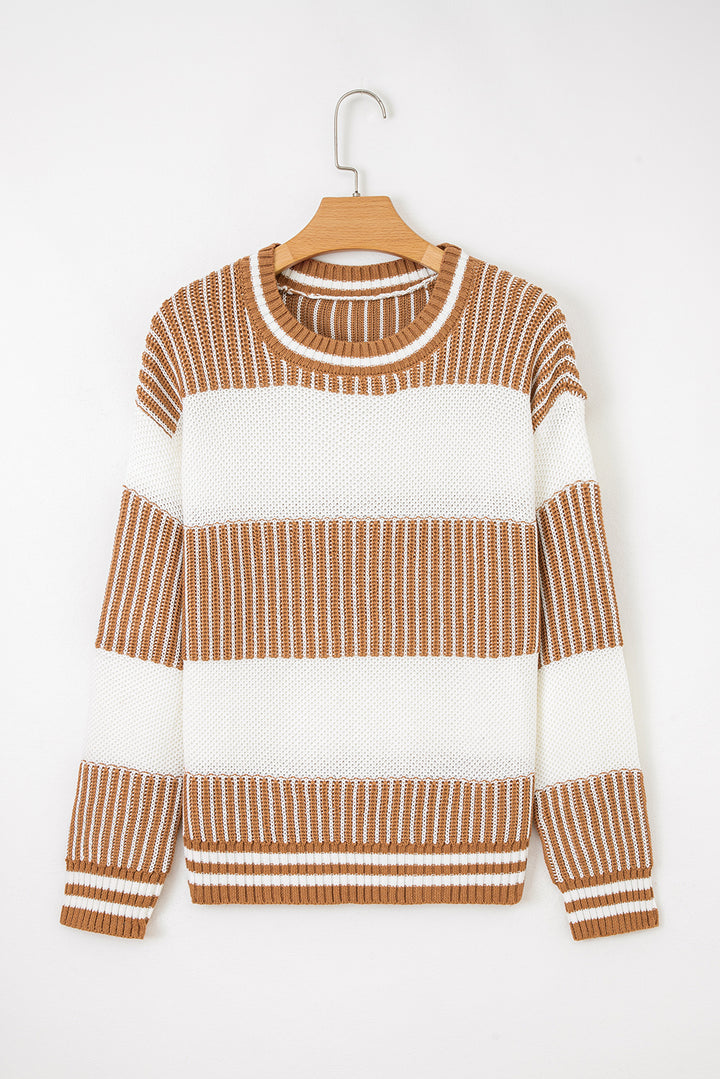 Khaki Two Tone Striped Patchwork Drop Shoulder Loose Sweater