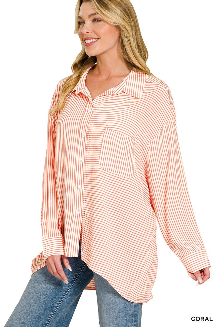 Zenana Woven Stripe Button Down Shirt
