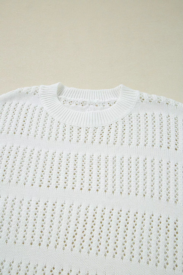 3/4 Sleeve Open Knit Mesh Detail Pullover Sweater
